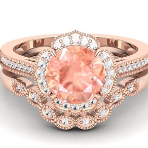 1.58 ct Peach Morganite engagement ring set,Moissanite Ring set in 14k rose gold plated vintage art deco Halo ring Unique set for women Gift