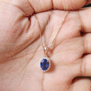 Blue Sapphire Engagement Pendant, Halo Moissanite Yellow Gold Vermeil Necklace, Blue Stone Necklace, Gift for Anniversary Oval Shape Pendant