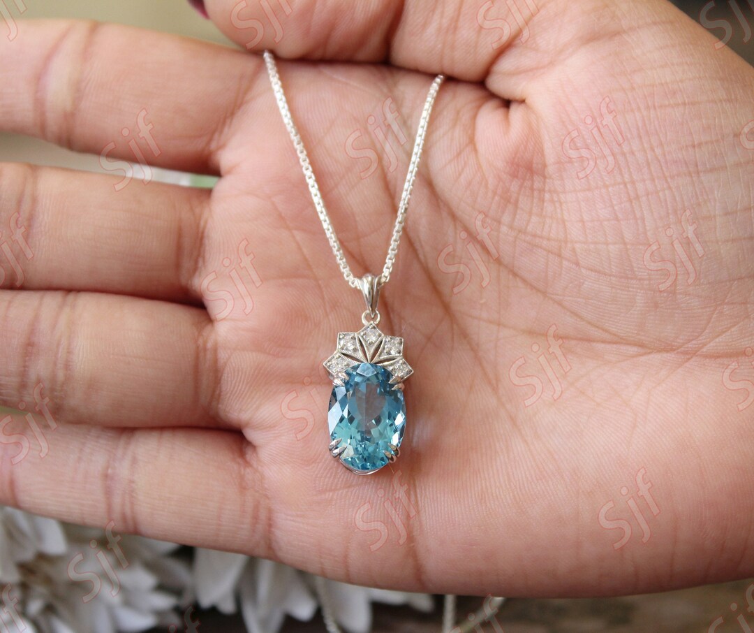 925 Silver Pendant Oval Shaped Natural Swiss Blue Topaz - Etsy