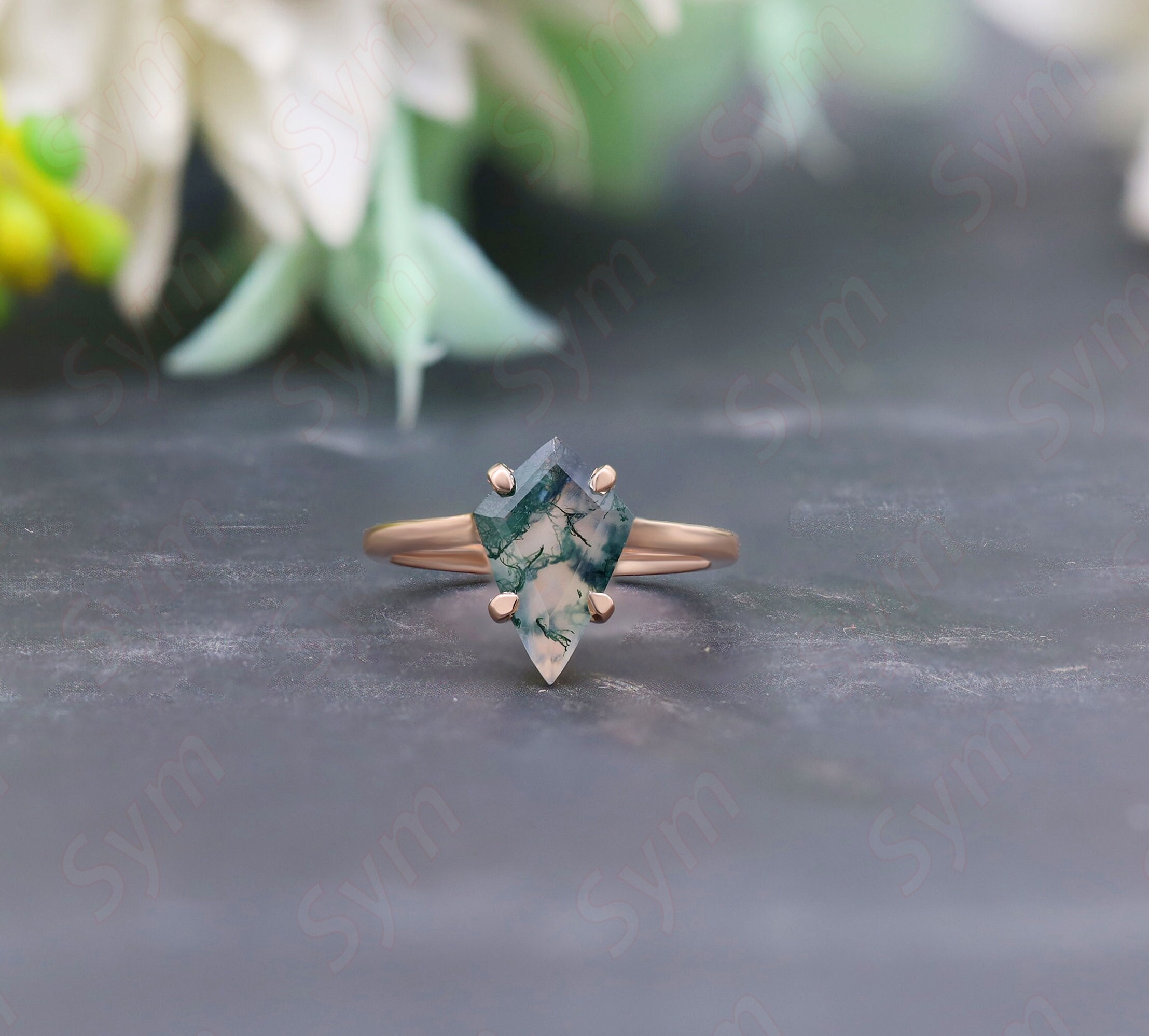 Natural Moss agate Engagement Silver Ring, 925 Rose Gold Plated Moss Agate Kite Ring, Solitaire Moss agate Ring, Gift for Woman, Love Her