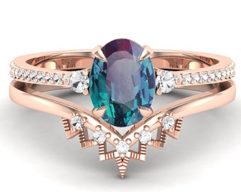 1.53 ct Alexandrite engagement ring set ,pave set Moissanite in 14k rose gold plated  vintage art deco ring set Bridal Set Chevron Ring set