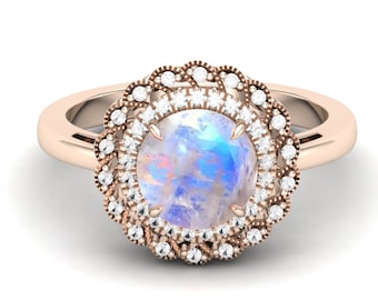 2.05 ct Rainbow Moonstone Art deco Ring ,pave set Moissanite in 14k rose gold plated engagement ring vintage halo ring  for women gift