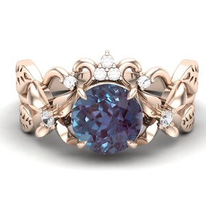 2.26 ct AAA Alexandrite, pave set moissanite in 14k rose gold plated engagement ring vintage art deco Unique Flower Leaf ring for women gift