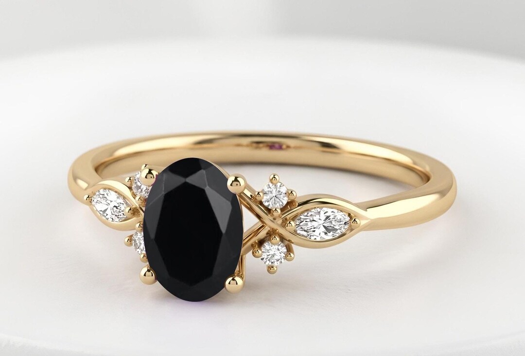 Oval Black Onyx Engagement Ring 14K Gold Unique Marquise Cluster Ring