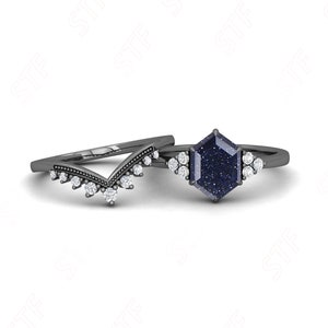 2.45 Ctw Natural Blue Sandstone Silver Engagement Ring Set Hexagon Sandstone Moissanite Wedding Ring Set 14K Gold Bridal Ring Two Ring Set image 4