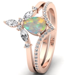Opal vintage engagement ring set Solid Rose gold unique engagement ring Set Pear shaped Curved Moissanite wedding Bridal Anniversary gift