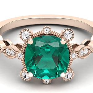 2.16 ct AAA Lab Emerald,pave set Moissanite in 14k rose gold plated engagement ring vintage art deco Flower Floral ring  for women gift