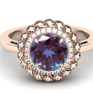 2.20ct AAA Lab Alexandrite Ring, Round Shape Alexandrite engagement ring vintage art deco Floral Halo ring anniversary Ring Alexandrite Ring