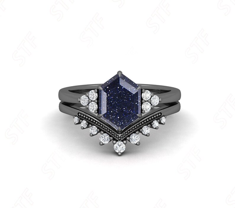 2.45 Ctw Natural Blue Sandstone Silver Engagement Ring Set Hexagon Sandstone Moissanite Wedding Ring Set 14K Gold Bridal Ring Two Ring Set image 1