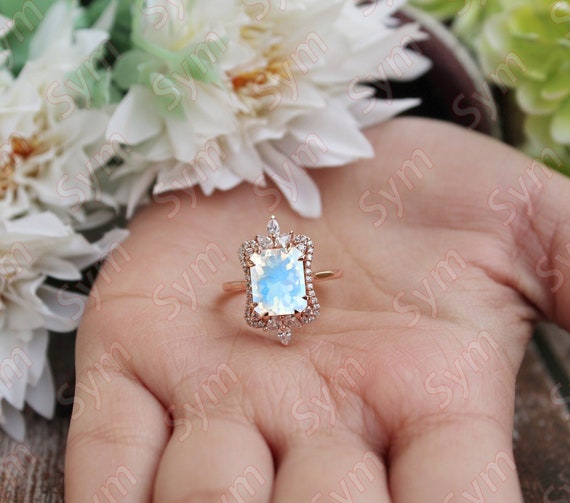 Rainbow Moonstone Engagement Ring, 14k Rose Gold Plated Sterling