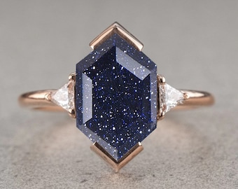 2.45 Ctw Natural Blue Sandstone Silver Engagement Ring, Hexagon Sandstone Moissanite Wedding Ring, 14K solid Gold Bridal Ring Bridal Ring