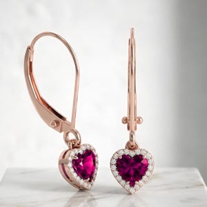Ruby Heart Earrings in Rose Gold, Dainty Raspberry Pink Dangles, Romantic Heart Shaped Halo Leverback Earrings, Anniversary Gift for Her