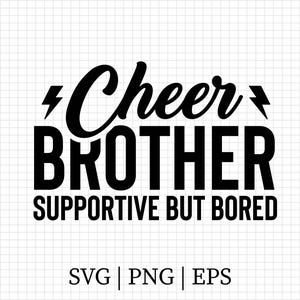 Op de afbeelding: Zwart-wit grafisch ontwerp met de woorden "Cheer Brother Supportive But Bored". Het woord "Cheer" is in een cursief lettertype en "Brother" is in een vet, schreefloos lettertype. Bliksemflitsen omlijsten het woord "Cheer".