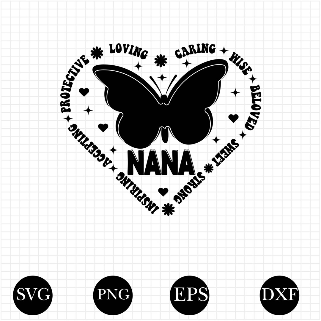 Butterfly Nana Heart Svg, Nana Heart Shape Svg, Flower Nana Svg for ...