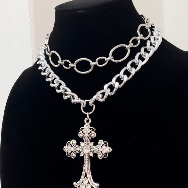 Silver Layered Large Cross Pendant Statement Chain | Curb Chain | Stainless Steel | Rhinestones | Statement Jewellery | Festival Accessories