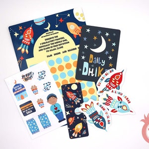 Space Rockets Themed Salah Tracker Prayer Packs - Tablas de oración reutilizables - Namaz Bundle - Cartas de oración musulmanas - Regalos islámicos