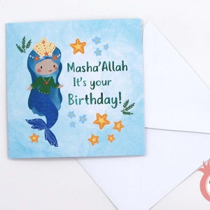 Cartão de aniversário azul modesto sereia - Cartão de aniversário Hijabi - Cartões muçulmanos - Cartão de menina muçulmana - Cartão Hijabi - Cartão Muslimah - Cartões islâmicos