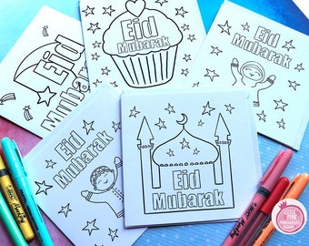 5 Pack Colour in Eid Cards - Children&#39;s Eid Cards - DIY Eid Cards - Eid Gifts - Laylatul Qadr Activity - Ramadan Activity - Islamic Gifts