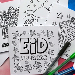 Paquete de tarjetas para colorear para el Eid - Actividad de Ramadán - Tarjetas para el Eid - Tarjetas para el Eid hechas a mano - Actividad Laylatul Qadr - Paquete de tarjetas para el Eid - Tarjetas para el Eid para niños