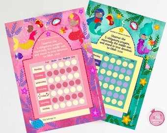 May include: A printable prayer chart with a mermaid theme. The chart is pink and features a mermaid with a yellow tail and a pink shell. The chart has a grid with days of the week and times for prayer. The text on the chart reads "Observe the 5 obligatory prayers, especially the middle one, and stand in true devotion to Allah. 2:230 Fajr Dhuhr Asr Maghrib Isha".