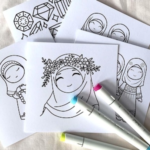 Meu lindo pacote de 5 cartas para colorir Hijab - Cartões islâmicos para meninas muçulmanas - Cartões Hijab - Cartões muçulmanos - Atividades para crianças muçulmanas - Presentes Eid