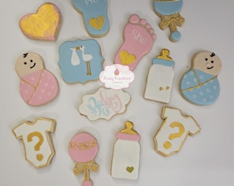 Baby Shower & Gender Reveal Sugar Cookies – 1 Dozen Individually Wrapped – Custom Decorated Cookies, He or She Theme, Baby Party Favors