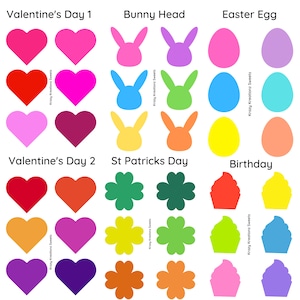 May include: A printable sheet featuring 10 different shapes in a variety of colours. The shapes include hearts, bunnies, eggs, shamrocks, and cupcakes. The text "Krazy Kreationz Sweets" is included on the sheet.