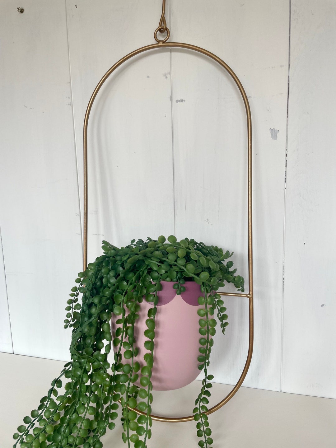 Pink and Gold Hanging Plant Pot. Hanging Planter With Scallops Etsy
