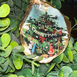 Gold Leaf Oyster Shell Christmas Ornament: Handmade Snowy Winter Scene