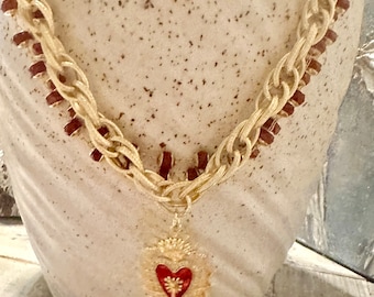 Handmade Sacred Heart Necklace: Ruby Gemstone Vermeil Chain