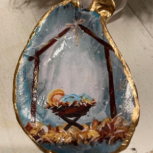 Handmade Gold Leaf Oyster Shell Ornament – Jesus in the Manger Christmas Tree Decoration