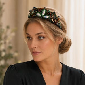 Emerald Green Beaded Tiara: Handmade Embroidered Statement Headband