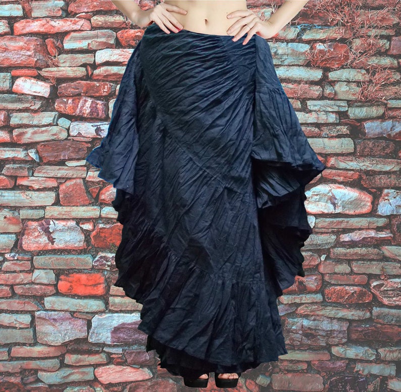 Black Solid Color 25 yard 4 tiered Cotton ruffle belly dance skirtgypsyrenaissancebohemian