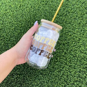Vaso de vidrio de café helado, vaso boho, taza de café helado, lata de vidrio de cerveza, taza de vidrio estético, vaso estético, taza de vidrio de café helado.