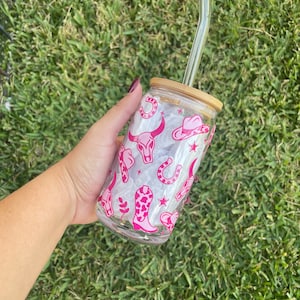 Cowgirl Glass Cup, Boho Tumbler, Iced  Coffee Cup, Beer Glass Can, Cowgirl Cup, Aesthetic Glass Cup, Aesthetic Tumbler, Western, Rodeo.