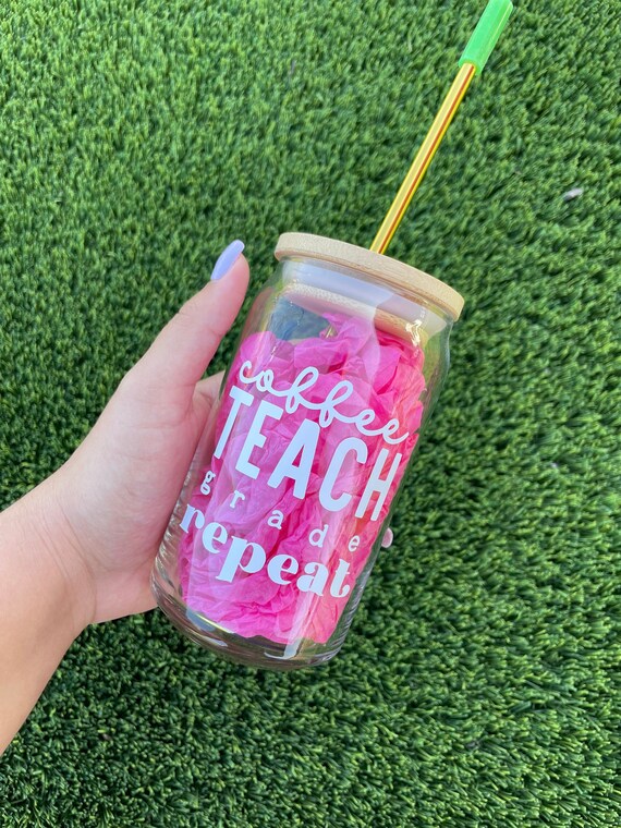 Coffee Teach Repeat Tumbler, Boho Tumbler, Iced Coffee Cup, Beer Glass Can, Aesthetic Glass Cup, Aesthetic Tumbler, Iced Coffee Glass Cup.