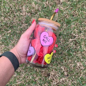 Candy Hearts Glass Can, Candy Glass Cup, Boho Tumbler, Beer Glass Can, Candy Glass Tumbler, Aesthetic Glass Cup, Aesthetic Tumbler.
