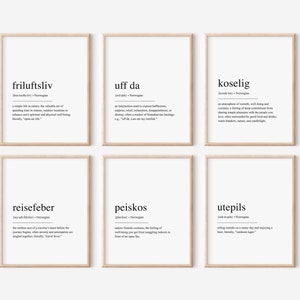 Set of 6 Norwegian Definitions Bundle, Koselig Uff da Friluftsliv Utepils Peiskos Reisefeber,  Norwegian Decor, Wall Art | DIGITAL DOWNLOAD