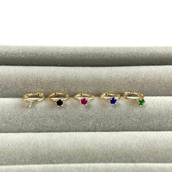 10K Solid Gold/Tiny CZ Prong Set Hoop Earring, Cartilage Earring, 2nd hole earring, Targus Hoop, Piercing Hoop - 10K Solid Gold