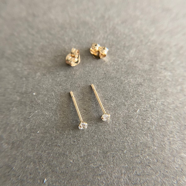 14K Solid Gold Tiny Clear CZ Stud Earrings 1.5mm 2mm 3mm Type A - 14K Solid Gold