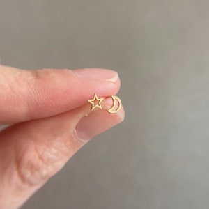 10K Solid Gold/ Tiny Open Crescent Moon and Star Stud Earrings - 10K Solid Gold