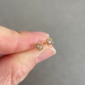 10K Solid Gold/ Tiny Open Light Pink CZ Flower Type C Stud Earrings - 10K Solid Gold