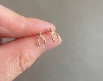 10K Solid Gold/ Tiny WhishBone Stud Earrings - 10K Solid Gold