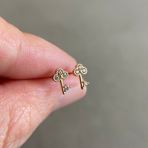 10K Solid Gold/ Tiny CZ Key Stud Earrings - 10K Solid Gold