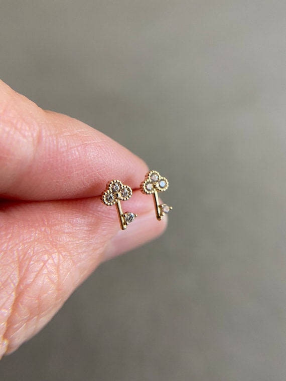 10K Solid Gold Tiny CZ Key Stud Earrings - Etsy