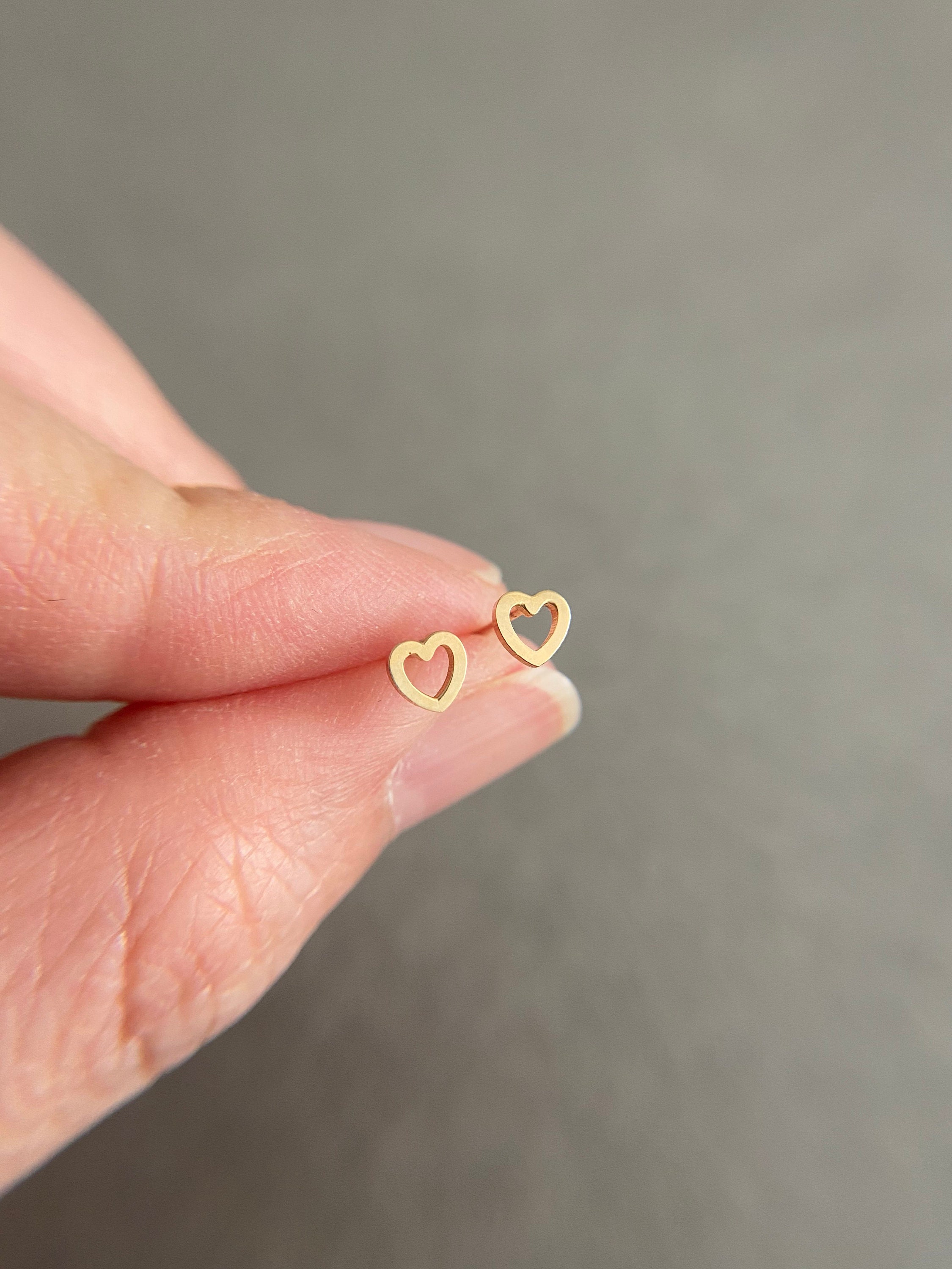10K Solid Gold/ Tiny Open Heart Stud Earrings - 10K Solid