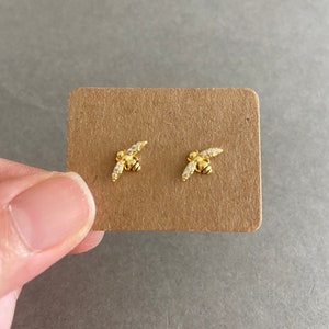 Silver Tiny Mini CZ Bee Stud Earrings - Sterling Silver