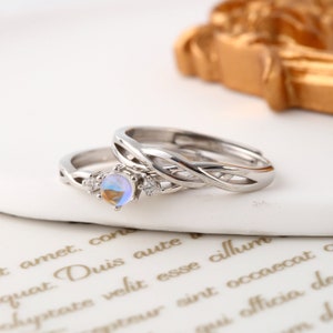 Mondstein Partnerringe aus 925 Sterling Silber • Kostenlose Gravur • Verstellbar • Versprechensring • Jubiläumsgeschenk • Paar-Ringe.