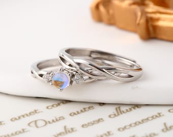 Moonstone Matching Rings in 925 Sterling Silver • Free Engraving • Adjustable  • Promise Ring • Anniversary Gift • Couple Rings