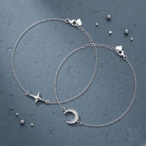 925 Sterling Silver Moon & Star Matching Bracelets, Celestial Matching Jewelry — Like Two Souls Orbiting the Same Sky